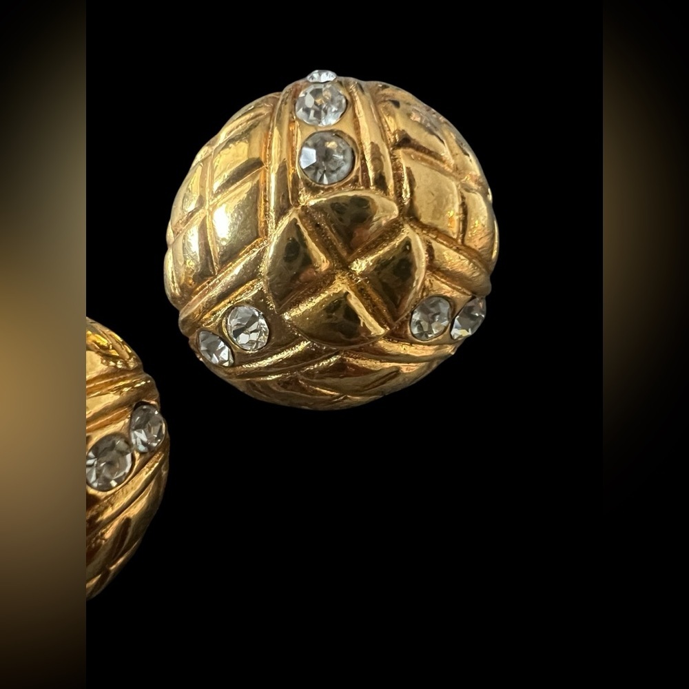 CHANEL Vintage Gold Plated Quilted and Rhinestone Earrings - Picture 4 of 9